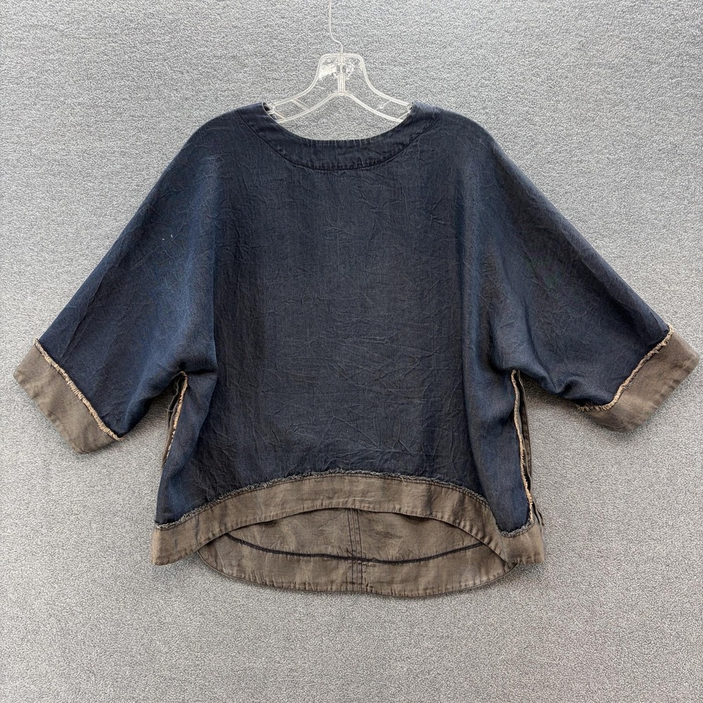 Amadi Blouse Womens Small Blue Denim Chambray Raw Edge Boxy Lagenlook USA Top